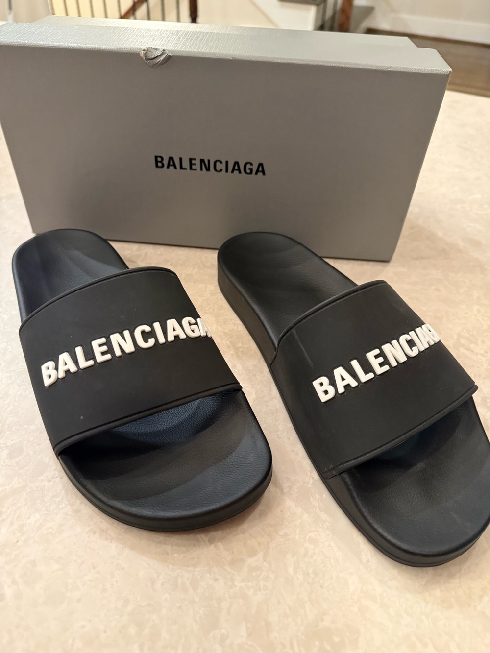 Authentic Balenciaga Men’s Black Logo Slide Sandals - Size US 10 / EU 43